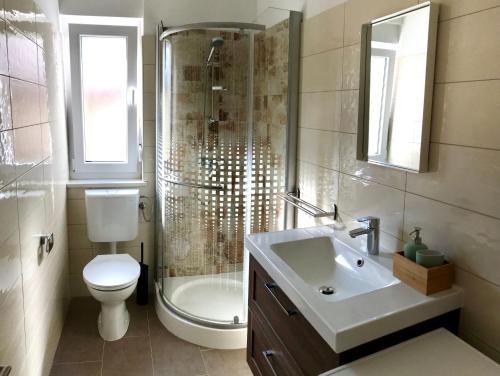 a bathroom with a sink and a shower and a toilet at Fine & Shine in Pula