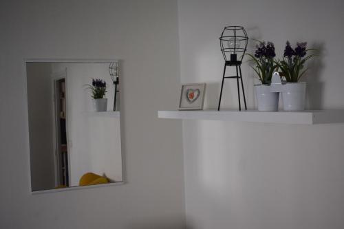 a white shelf with flowers and a mirror at Apartment Optimist/Downtown in Split
