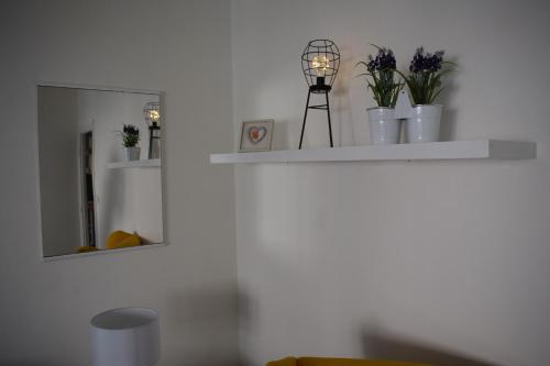 a white shelf with plants and a mirror at Apartment Optimist/Downtown in Split