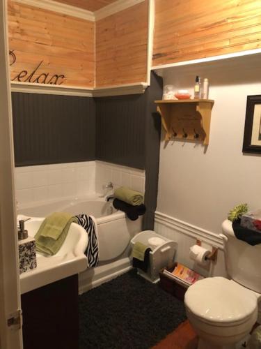 a bathroom with a toilet and a sink and a tub at By The Sea Tourist Home in Bonavista