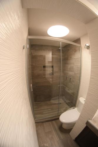 Un baño con inodoro y ducha de cristal. en The House of Cinema, en Guanajuato