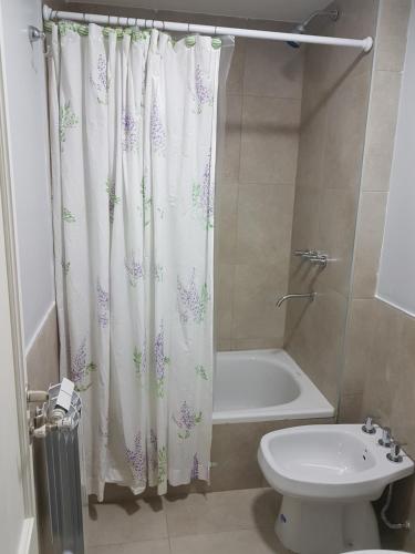 a bathroom with a shower curtain and a toilet at Leguizamon suite con cochera in Salta