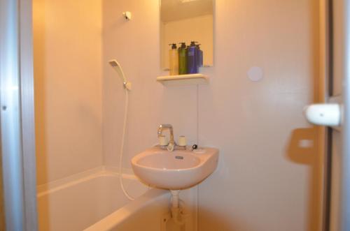 a white bathroom with a sink and a shower at Apartment Zen Hotel in Mizuho