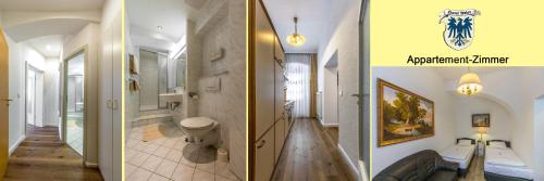 2 foto di un bagno con servizi igienici e corridoio di Hotel Adler a Ingolstadt
