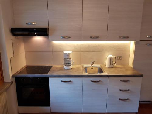a kitchen with a sink and a stove at Residence La Zondra in Pozza di Fassa