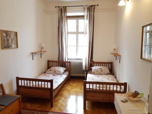 two twin beds in a room with a window at Várkerület Apartman in Sopron