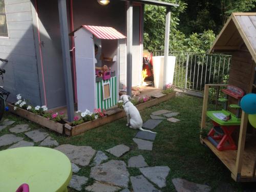 a dog sitting in the grass in front of a house at Villa Giuanne in Arenzano