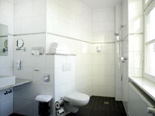 ein weißes Bad mit einem WC und einer Dusche in der Unterkunft Alte Reichsbank in Schweinfurt