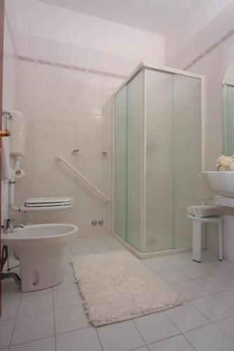a bathroom with a shower and a toilet and a sink at Hotel Stefan Room & Breakfast in Gatteo a Mare