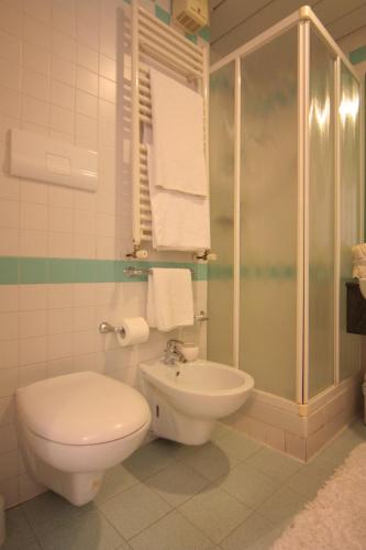 a bathroom with a toilet and a shower and a sink at Hotel Stefan Room & Breakfast in Gatteo a Mare