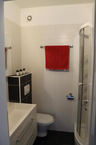 baño con aseo y toalla roja en Apartman M&M, en Stara Novalja