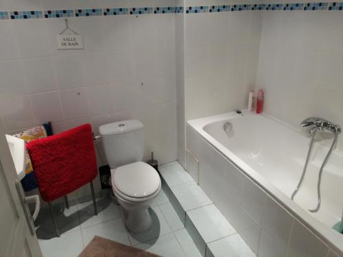 a bathroom with a toilet and a bath tub at Bernadette in Chouvigny