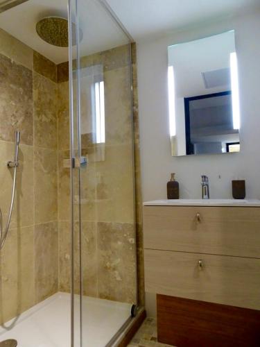 a bathroom with a shower and a sink and a mirror at Demeure d'hôtes Le Rocher in Valbonne