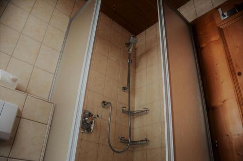 a shower in a bathroom with a glass door at Blick zum Wasserfall in Sankt Leonhard im Pitztal