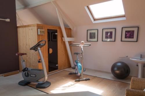 a gym with exercise bikes in a room at Prachtig herenhuis uit 1925 in Nijlen