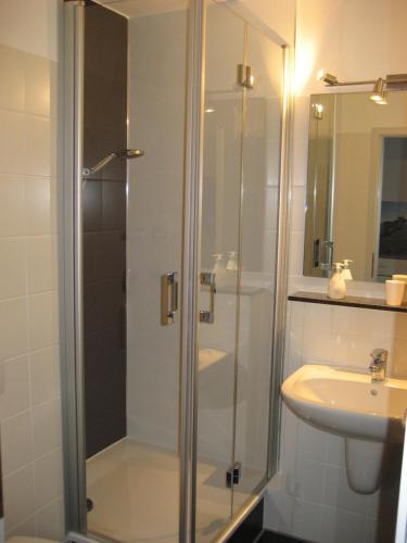 a bathroom with a shower and a sink at Hochwertiges Apartment im Grünen, zentral gelegen, ruhig, Balkon in Hannover
