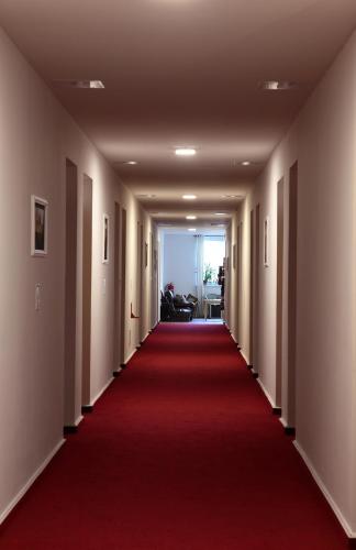 a long corridor with a red carpet and a red carpetedlevard at Hotel Arko in Prague