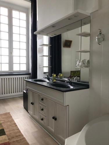 a bathroom with a sink and a mirror at Le Chateau de Claids in Saint-Patrice-de-Claids