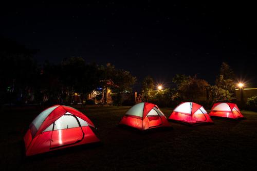 four red and white tents in a field at night at Fun Retreat Resort, Hotel and Ayurveda Spa in Arusha