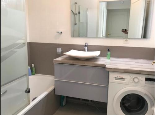 une salle de bain avec un lavabo et une machine à laver dans l'établissement Spacious modern 2 bedroom flat great location old town + lake, à Annecy