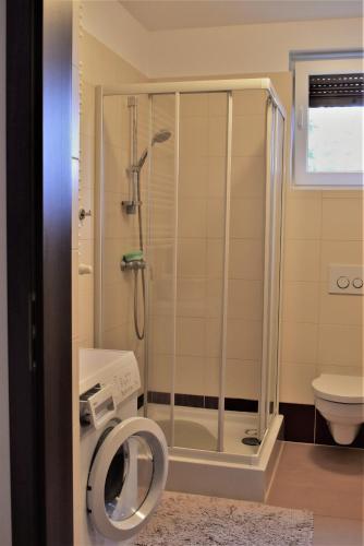 a bathroom with a shower and a toilet at Apartament Gabrysia 7 in Międzywodzie