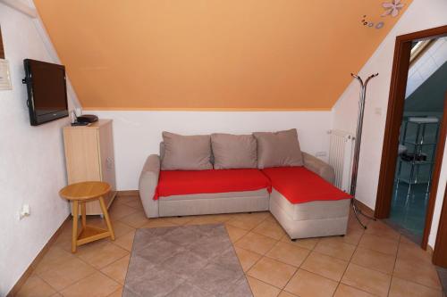 a living room with a couch and a tv at Apartment Ozebek in Cerkno