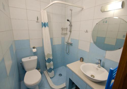 a blue and white bathroom with a toilet and a sink at Pod Strzechą in Darłowo