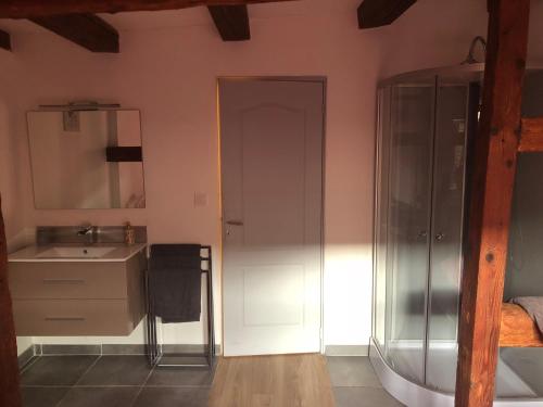 La salle de bains est pourvue d'un lavabo et d'une douche. dans l'établissement Gîte Elisa et Léna, à Riquewihr