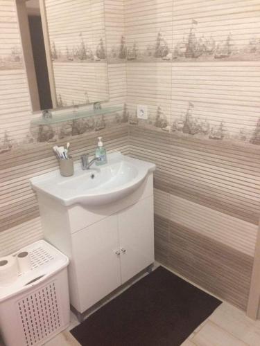 a bathroom with a white sink and a mirror at Apartament Rosenau in Râşnov