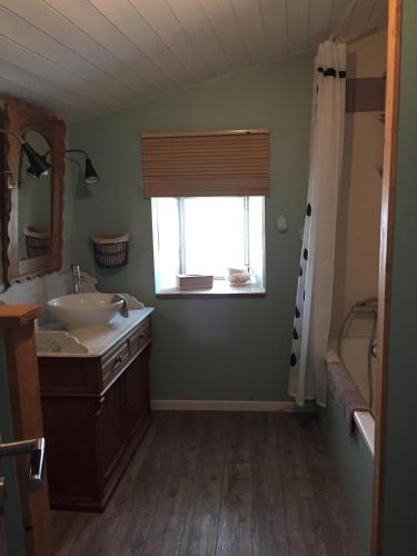 une salle de bain avec un lavabo et une fenêtre dans l'établissement La Poitevinière, à Sainte-Hermine
