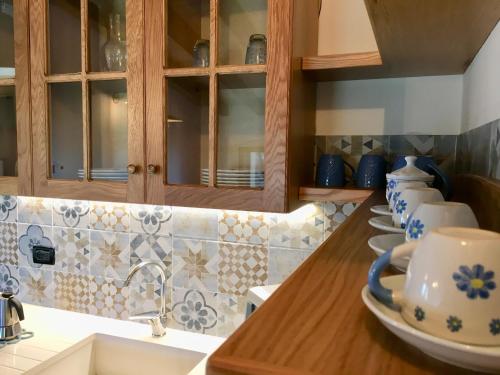 a kitchen with a counter with cups and dishes on it at Il Canneto Di Pomaia in Pomaia