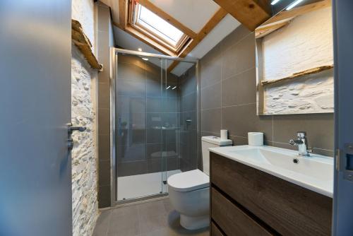 a bathroom with a toilet and a sink and a shower at Albergue San Francisco in Arzúa