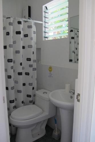 a white bathroom with a toilet and a sink at Celtis Resort in Malapascua Island