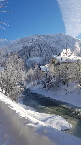 a house in the snow next to a river at Solarberg Apartment in Andermatt