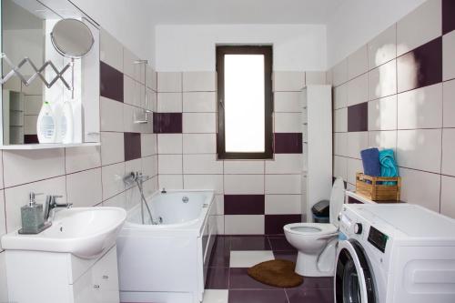 a bathroom with a toilet sink and a washing machine at Alex Residence in Otopeni