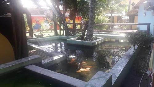un estanque koi en un patio con árboles en Cantinho dos Aquários, en Arraial d'Ajuda