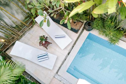 an overhead view of a swimming pool with plants at Villa Habibi in Uluwatu