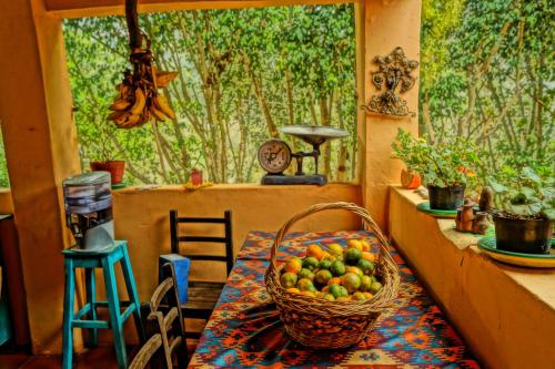 a table with a basket of apples on it at Skale Peregrino in Choachí