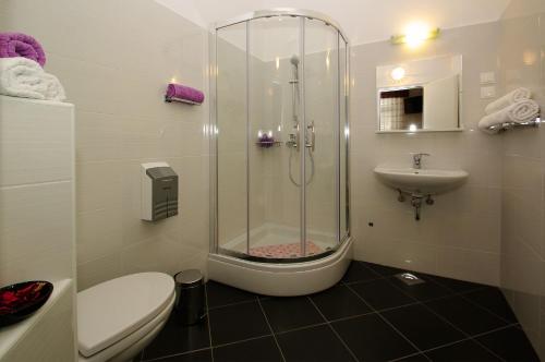 een badkamer met een douche, een toilet en een wastafel bij B&B Vela Luka in Vela Luka