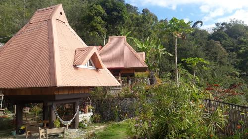 a house with a brown roof and a garden at Baleh Boble Guesthouse in Banaue