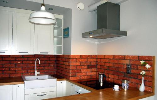 a kitchen with white cabinets and a red brick wall at Friedleina 7 Kamienica Prezydencka in Krakow