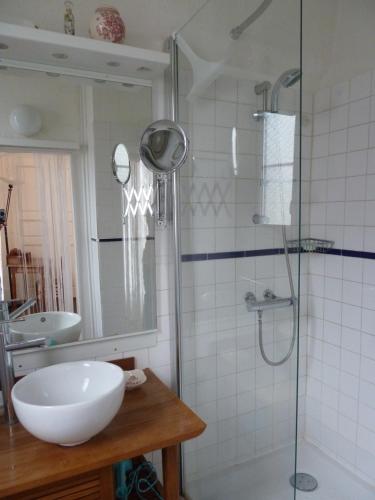une salle de bain avec un lavabo et une douche en verre dans l'établissement Le Point d'Orgue, à Rennes