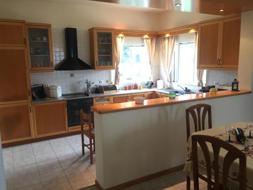 Una cocina con gabinetes de madera y encimera. en Swan House Panoramic View - Near the sea, en Zipárion