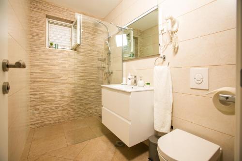 a bathroom with a toilet and a sink and a mirror at Villa Sun in Čilipi