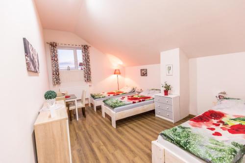 a bedroom with two beds and a desk at Agroturystyka Nad Łąkami in Kłodzko