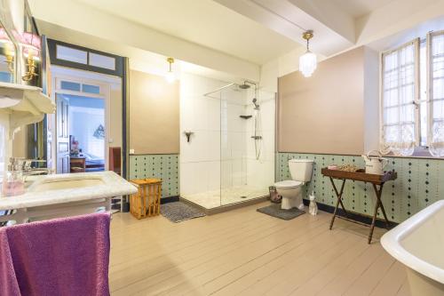a bathroom with a shower and a sink and a toilet at Domaine de l'Amiral in Saint-Laurent-du-Pape
