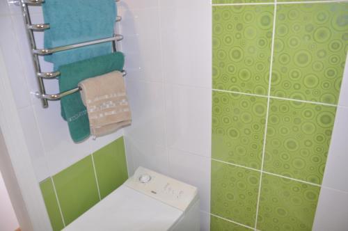 a bathroom with green and white tiles and a toilet at Apartments Theatre Shepkina 2 room in Sumy