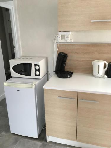 a microwave sitting on top of a refrigerator in a kitchen at Melitine in Saint-Amand-Montrond