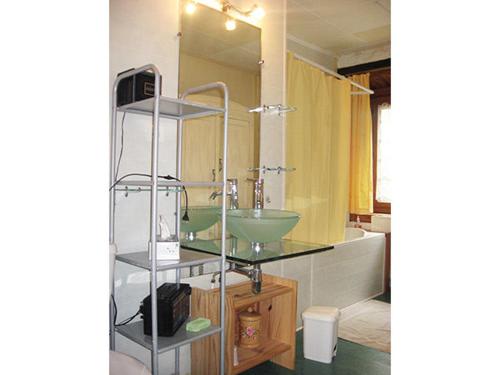 W łazience znajduje się umywalka i lustro. w obiekcie Les Frênes w mieście Retournac