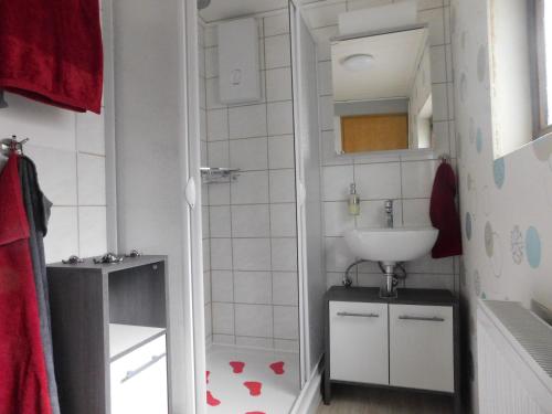 a small bathroom with a sink and a shower at Kaiserpfalzquartier in Goslar